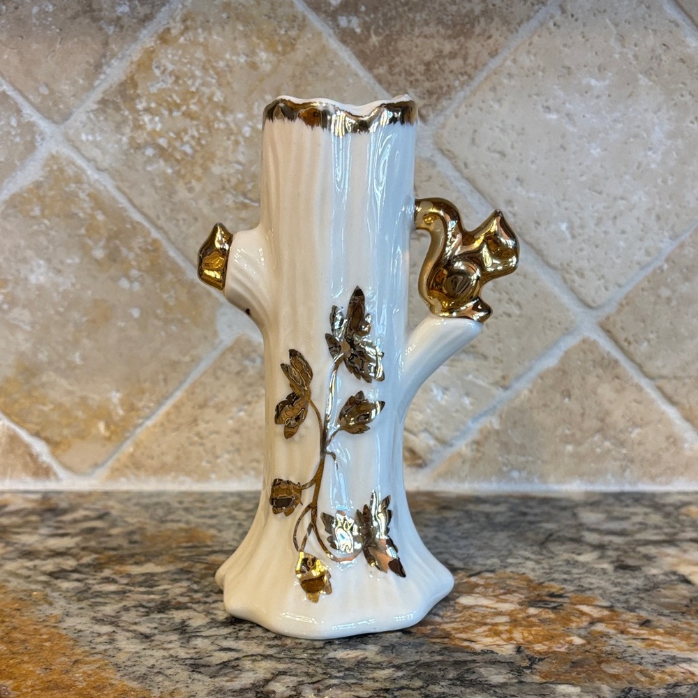 Vintage Porcelain Lusterware Gold and Cream Tree Trunk Vase with Squirrel